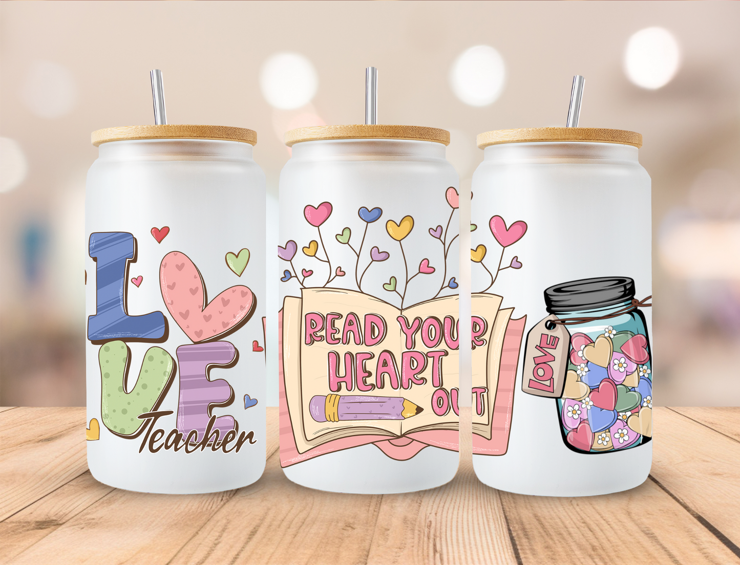 Valentines Pastel Teacher Read Your Heart Out - 16 oz / 20 oz Libby UV DTF Wrap