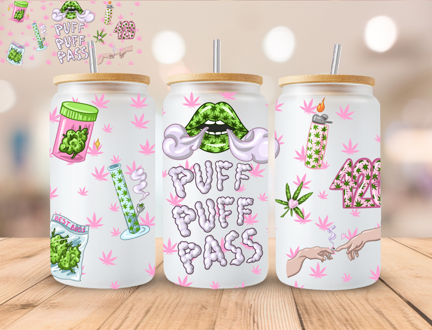 Green Puff Puff Pass 420 - 16 oz / 20 oz Libby UV DTF Wrap