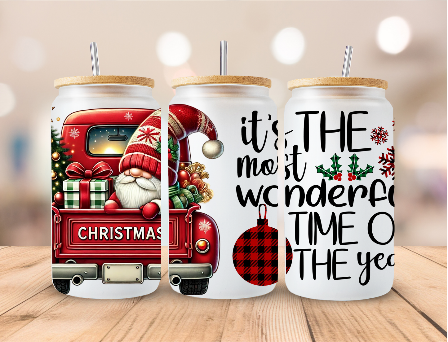 Christmas Gnome in Truck - 16 oz / 20 oz Libby UV DTF Wrap