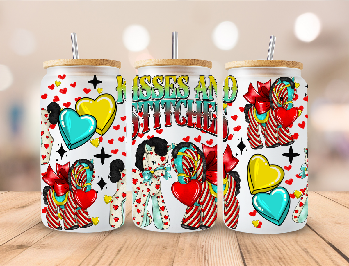 Valentines Kisses and Stitches - 16 oz Libby UV DTF Wrap EXCLUSIVE DESIGNED