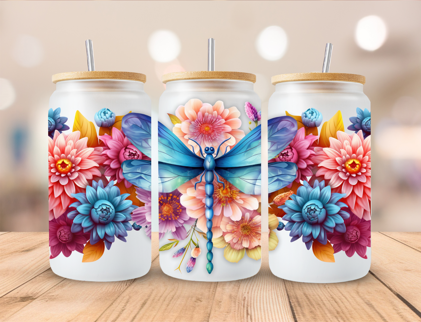 3D Floral Dragonfly - 16 oz / 20 oz Libby UV DTF Wrap