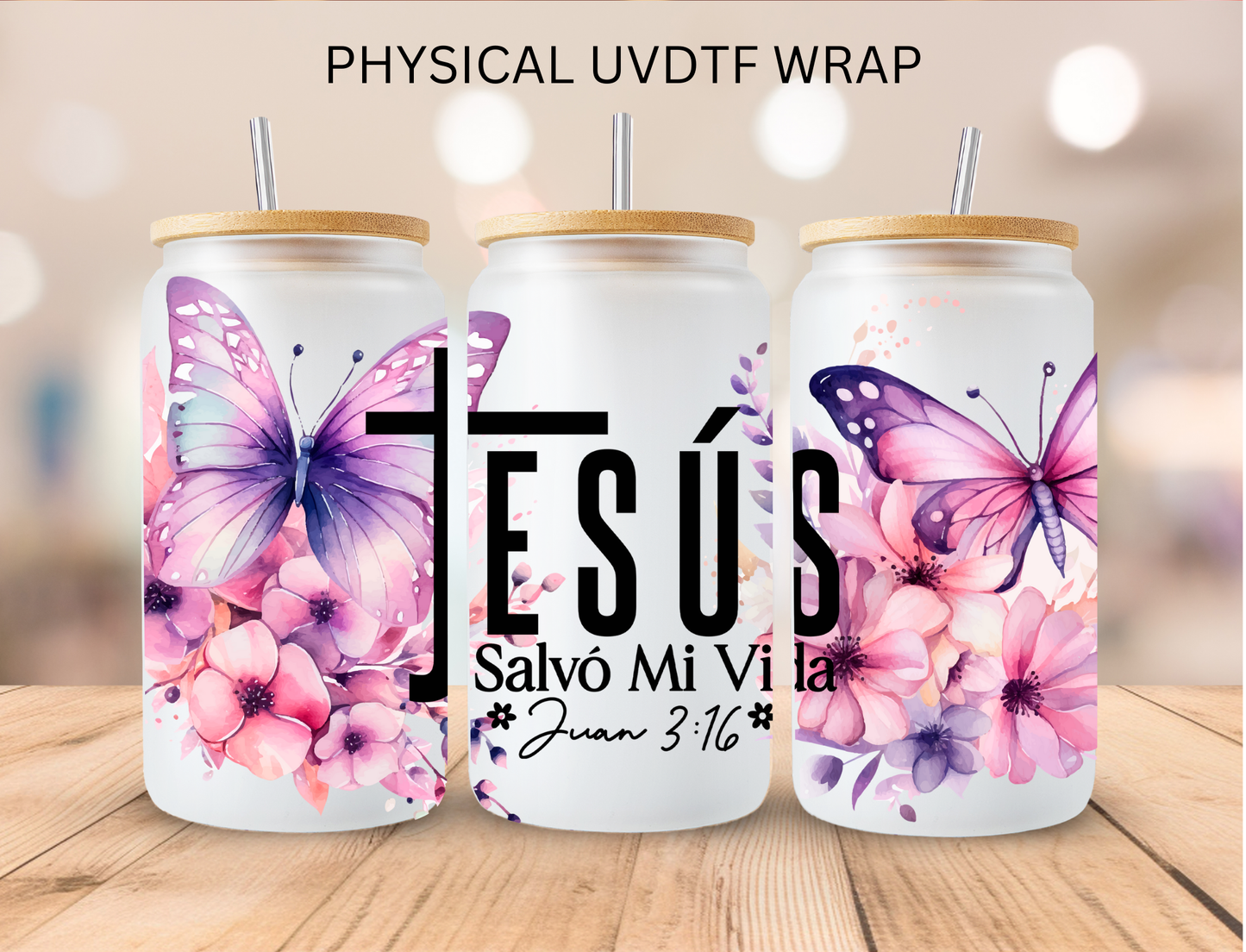Hispanic Jesus Purple Butterfly - 16 oz / 20 oz Libby UV DTF
