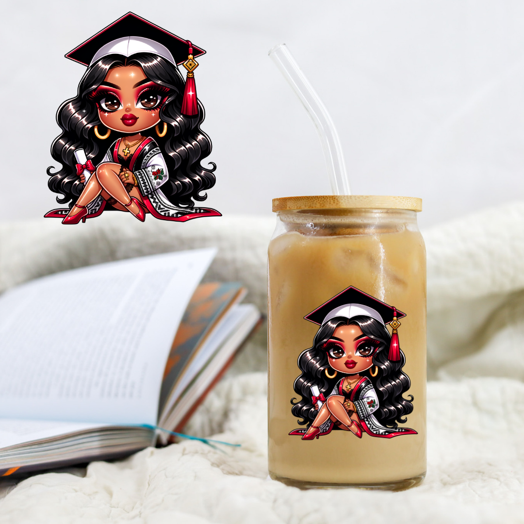 Chicano Graduation Black Hair with White and Red - UV DTF Libby Decal