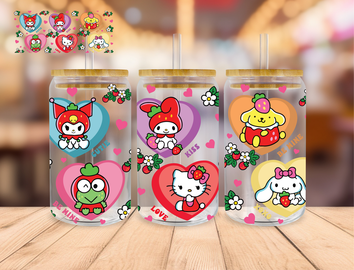 Heart Strawberry Kittie's - 16 oz / 20 oz Libby UV DTF Wrap