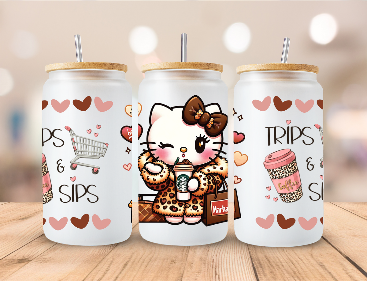 Trips And Sips Kitty - 16 oz / 20 oz Libby UV DTF Wrap