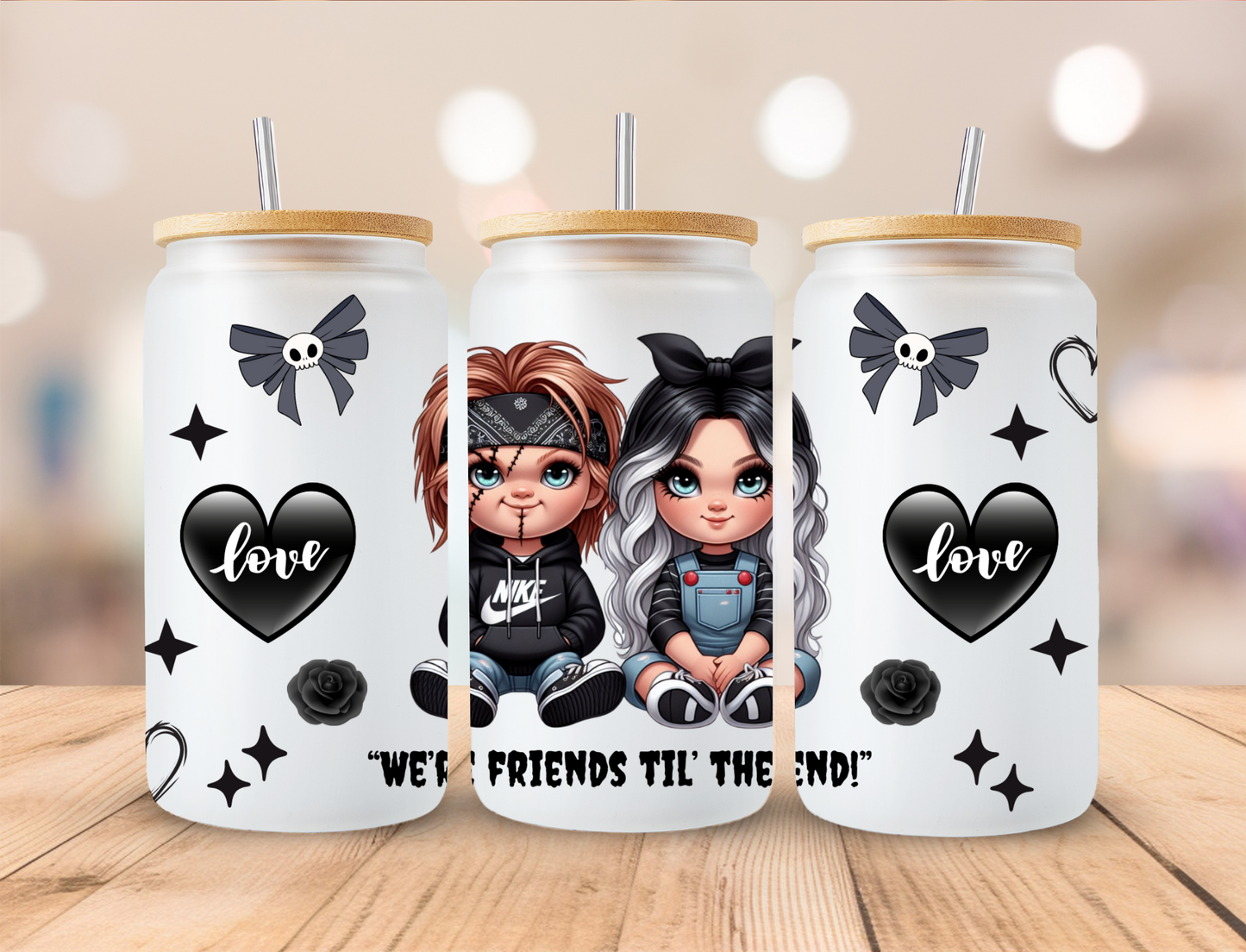 Valentines Horror Couple "Were Friends Till The End"- 16 oz / 20 oz Libby UV DTF Wrap
