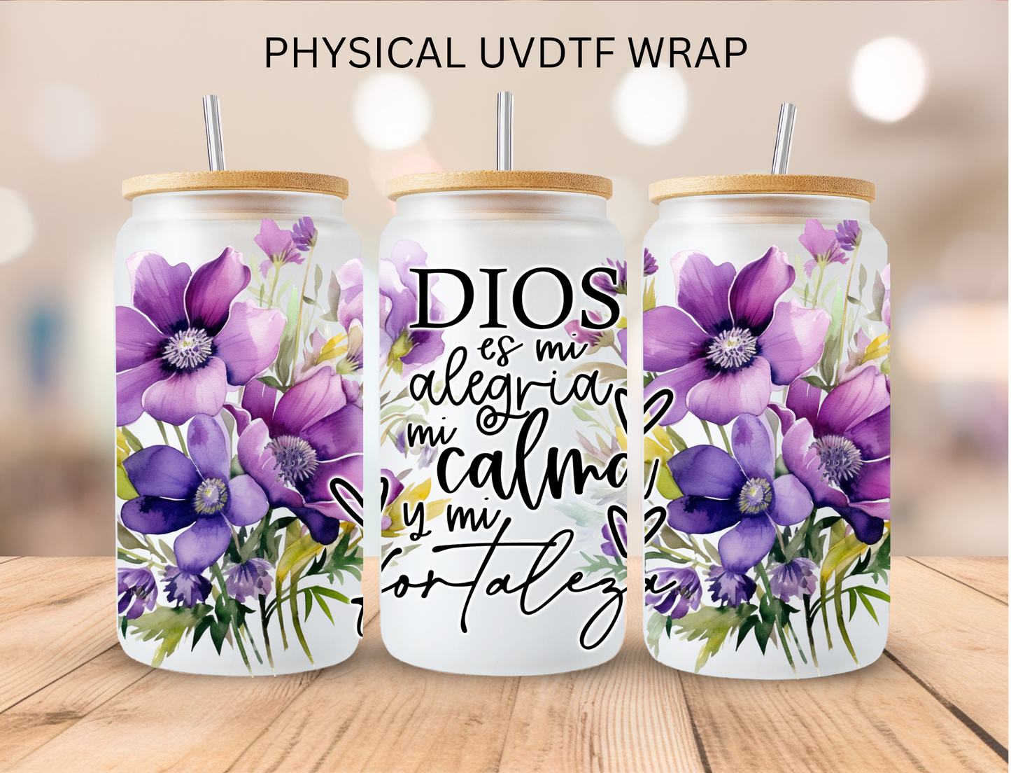Hispanic Purple Floral Dios Es Mi - 16 oz / 20 oz Libby UV DTF
