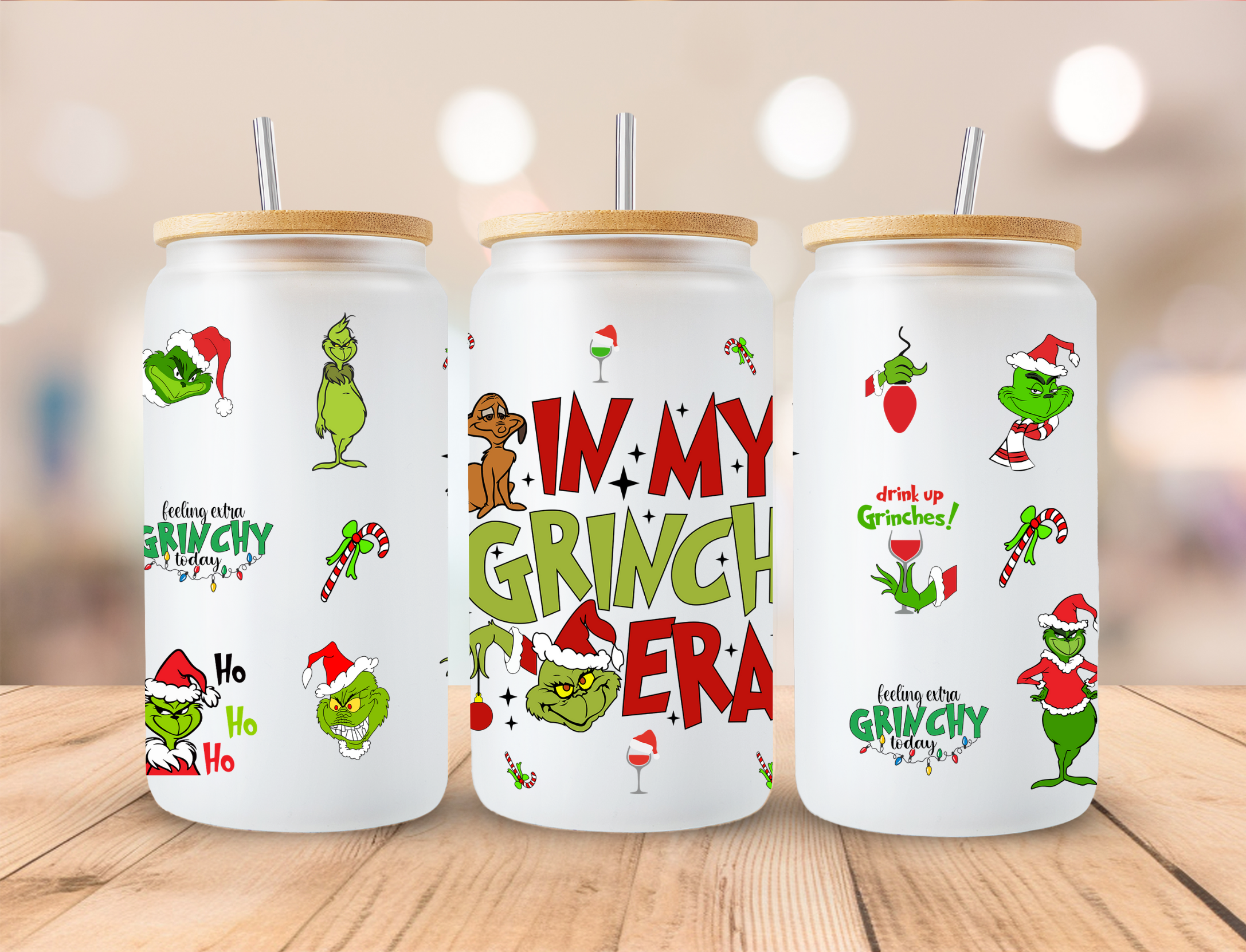 Grinch Hand With Ornament 16oz Libbey Glass Can Wrap