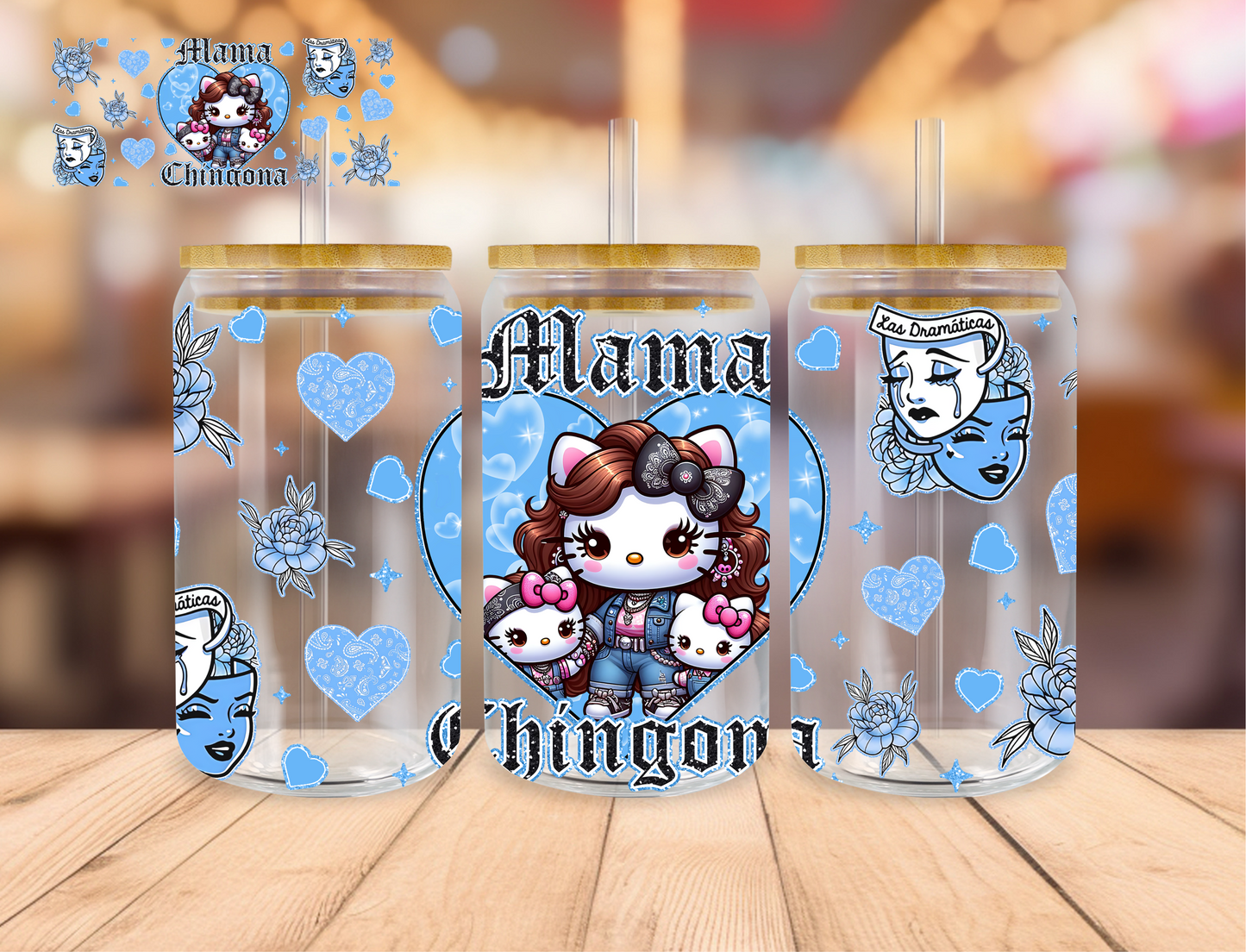 Kitty Mama Chingona Blue - 16 oz / 20 oz Libby UV DTF Wrap