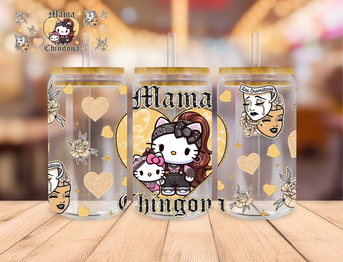 Kitty Mama Chingona Yellow - 16 oz / 20 oz Libby UV DTF Wrap