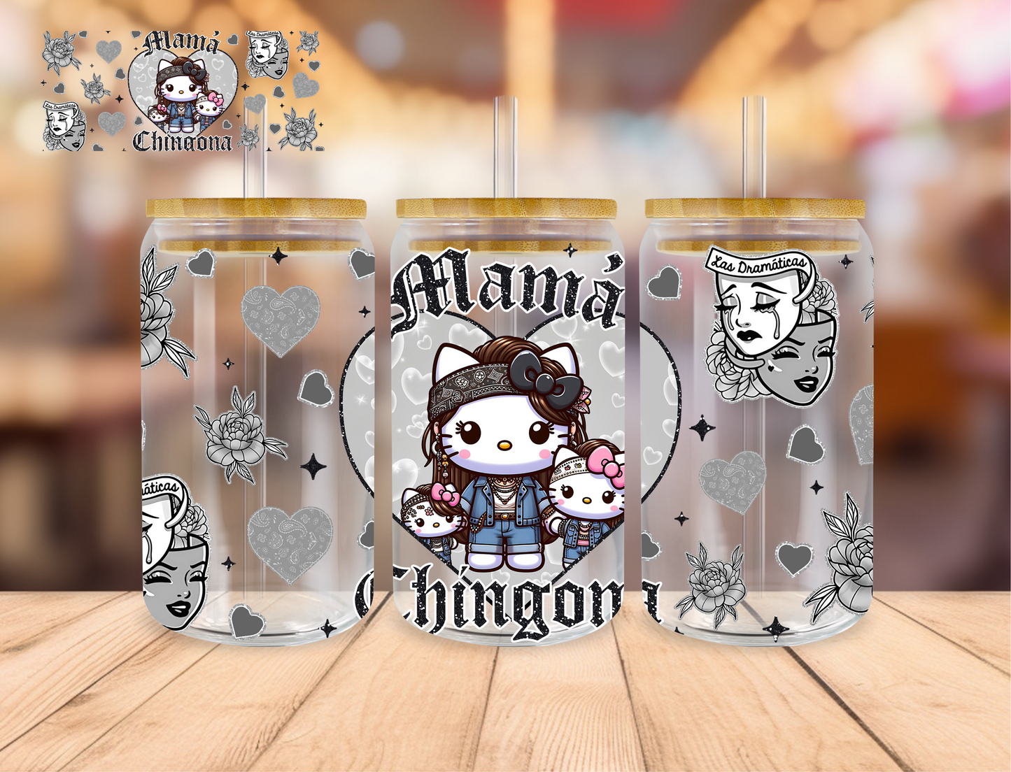 Kitty Mama Chingona Grey - 16 oz / 20 oz Libby UV DTF Wrap