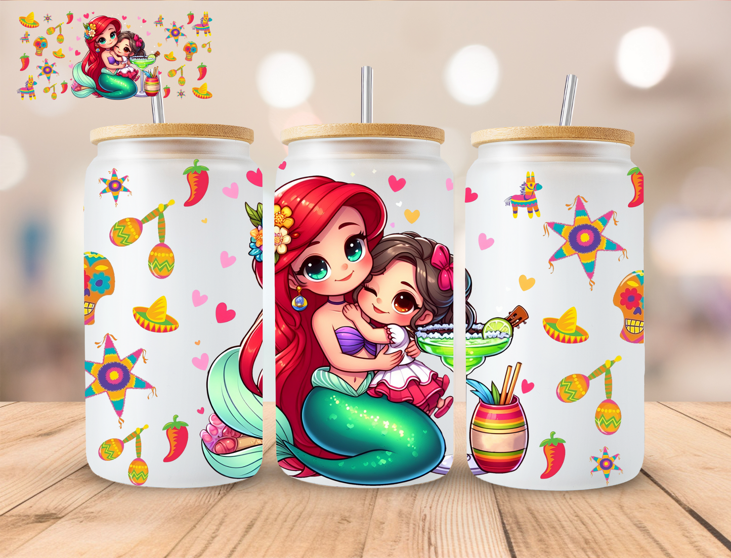 Cinco De Mayo Mermaid Princess - 16 oz / 20 oz Libby UV DTF Wrap