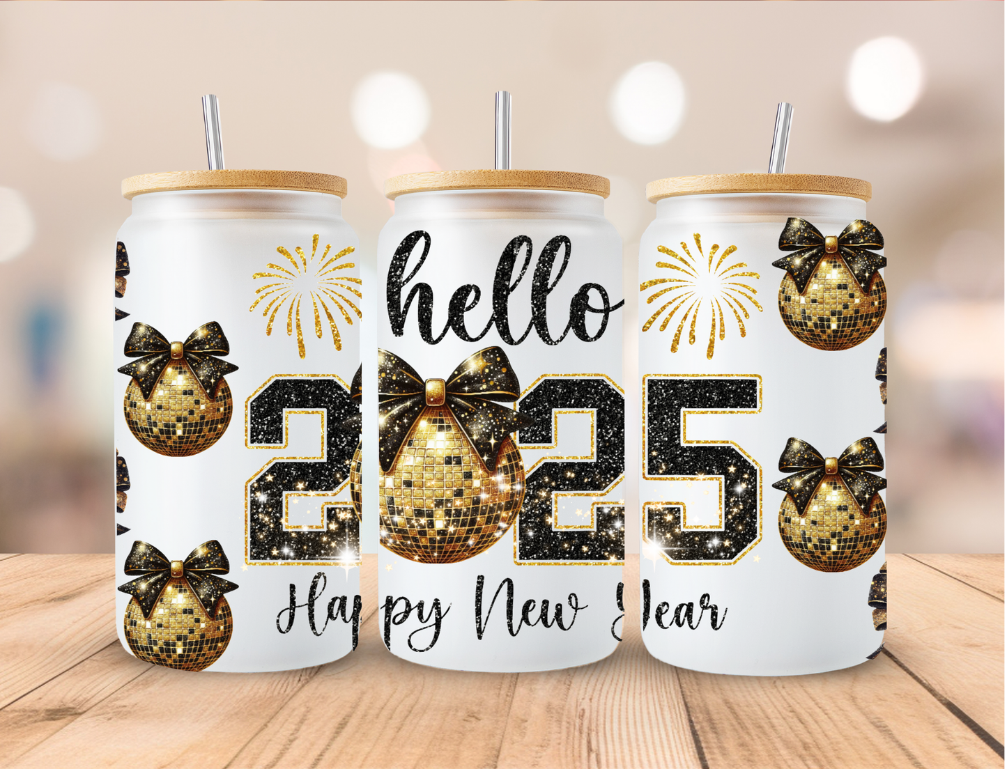 Gold 2025 New Year Disco Ball - 16 oz / 20 oz Libby UV DTF Wrap
