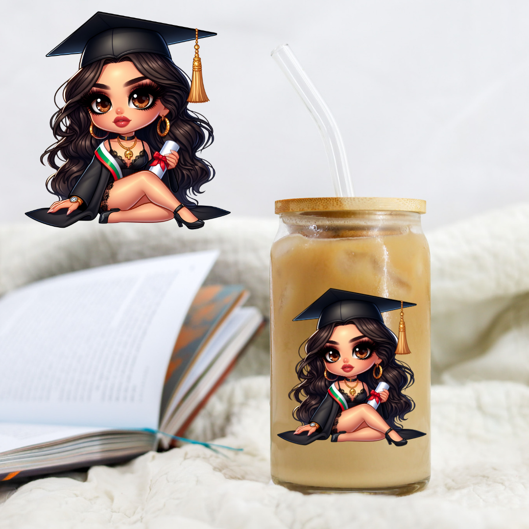 Chicano Graduation Brunette Hair with Black - UV DTF Libby Decal