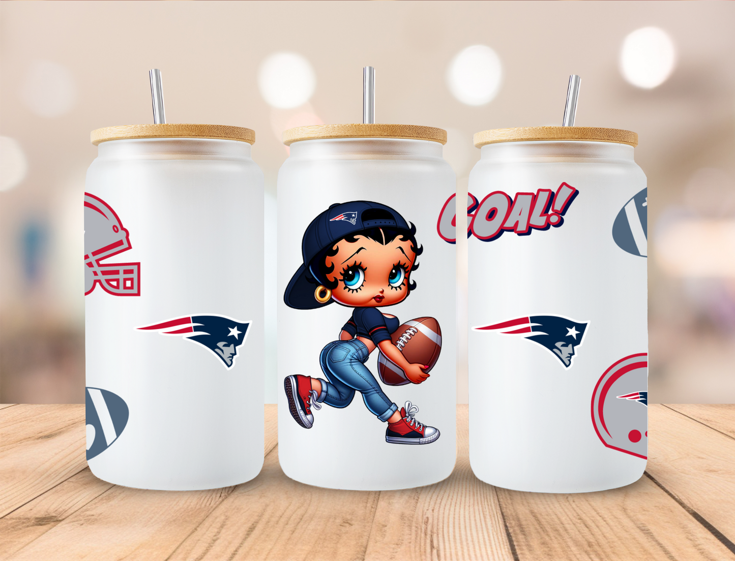 Football Patriots Boop- 16 oz / 20 oz Libby UV DTF Wrap