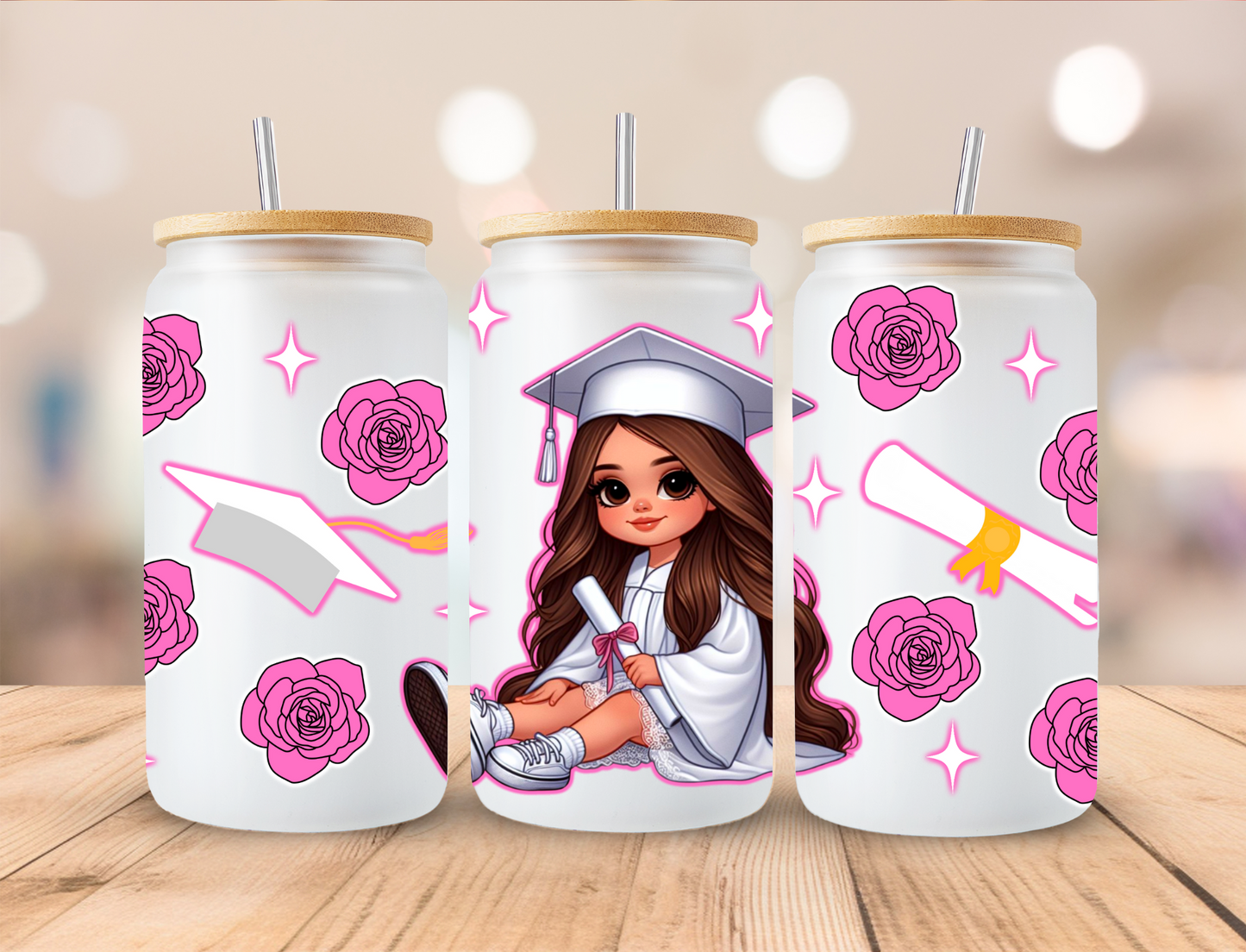 Chicano Pink Roses Graduate Graduation Wrap - 16 oz / 20 oz Libby UV DTF Wrap