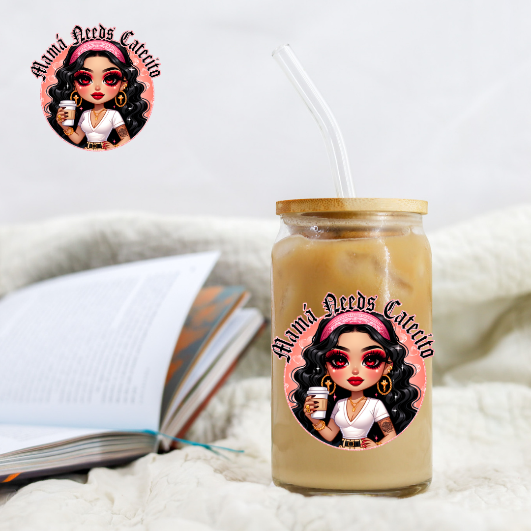 Chicano Pink Mama Needs Cafecito - UV DTF Libby Decal