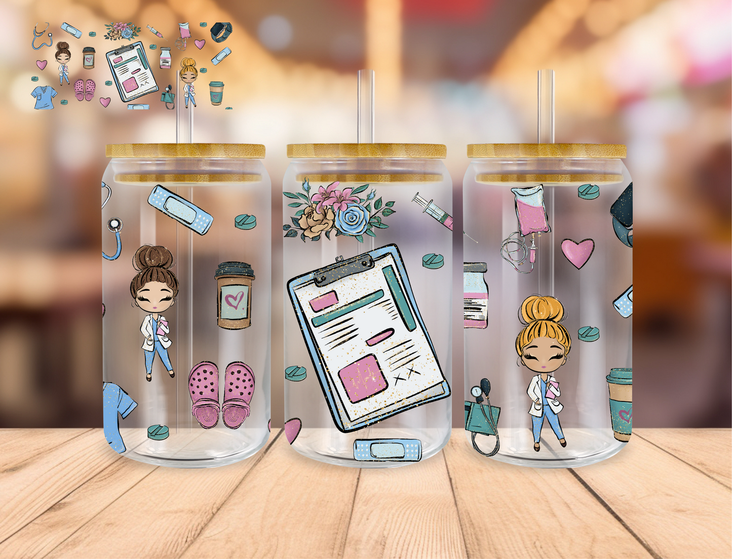 Doctor Aesthetic Watercolor Nurse - 16 oz / 20 oz Libby UV DTF Wrap