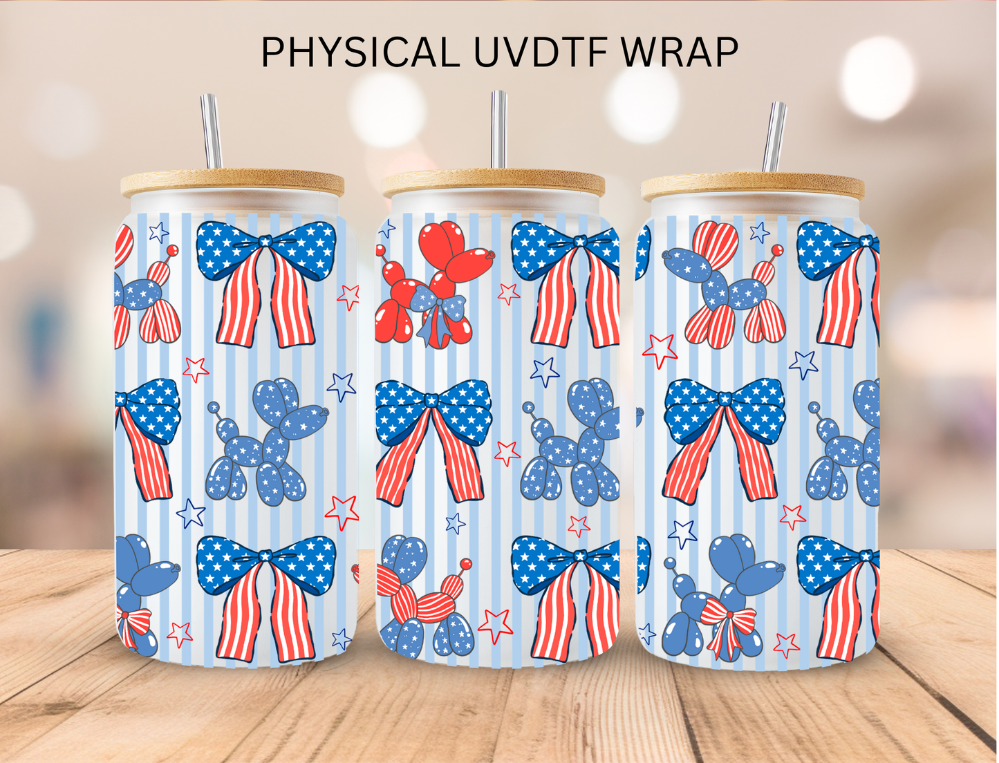 4th Of July Bows And Balloon Dogs - 16 oz / 20 oz Libby UV DTF Wrap