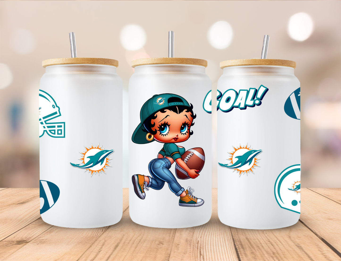 Football Dolphins Boop - 16 oz / 20 oz Libby UV DTF Wrap