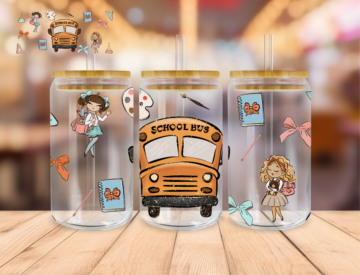 School Bus And Kids - 16 oz / 20 oz Libby UV DTF Wrap