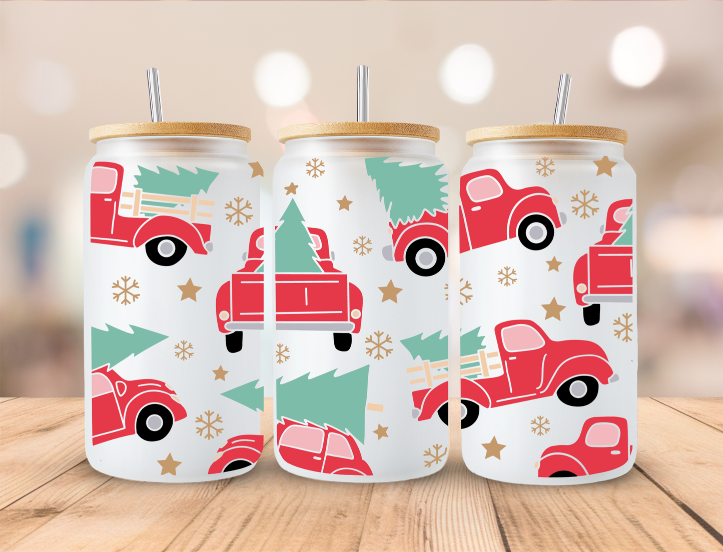 Christmas Tree Trucks - 16oz Libby UV DTF Wrap RTS