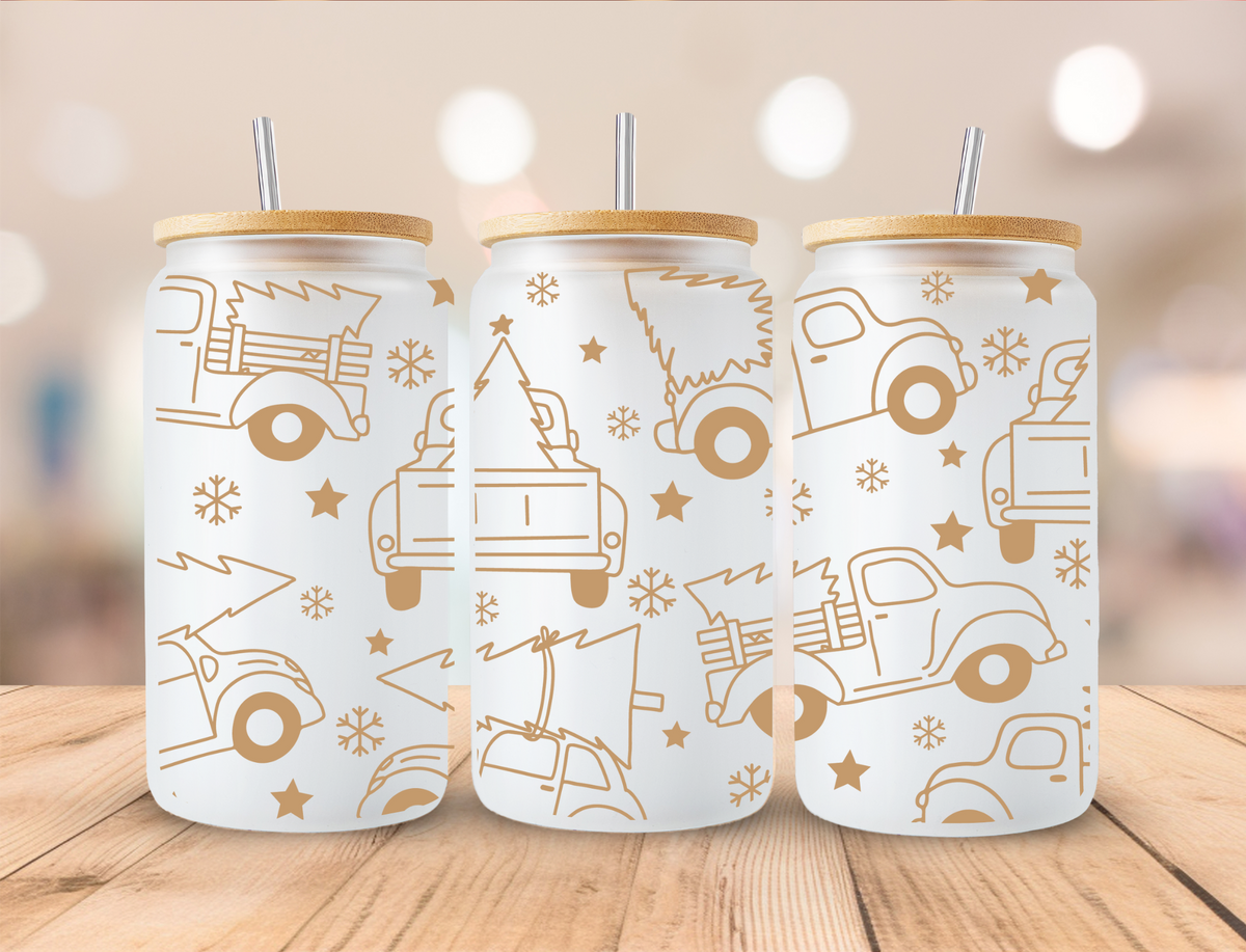 Christmas Gold Tree Trucks - 16oz Libby UV DTF Wrap RTS