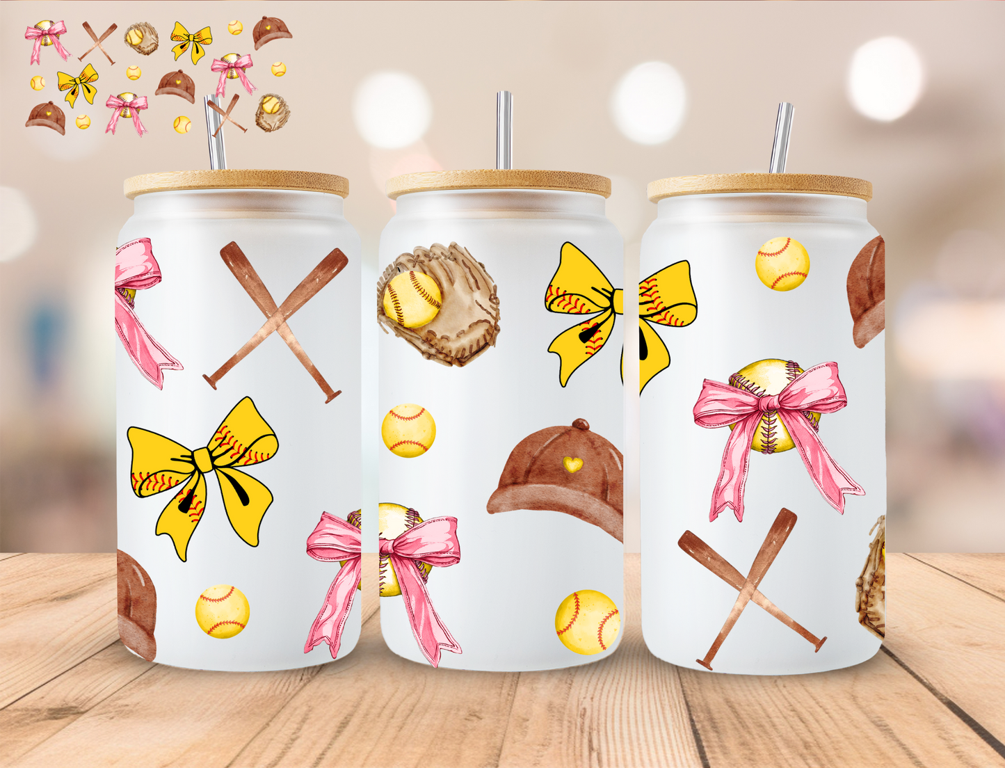 Coquette Softball and Bows - 16 oz / 20 oz Libby UV DTF Wrap