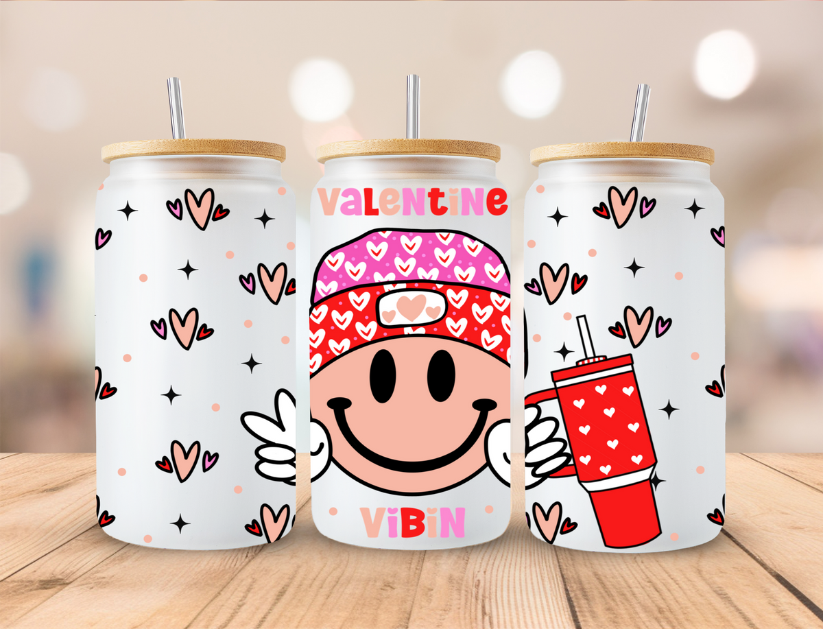 Valentines Smiley With Tumbler Valentine Vibes - 16 oz / 20 oz Libby UV DTF Wrap