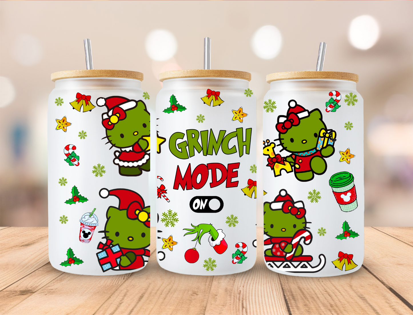 Christmas Mean Green Kitty Mode On - 16oz Libby UV DTF Wrap