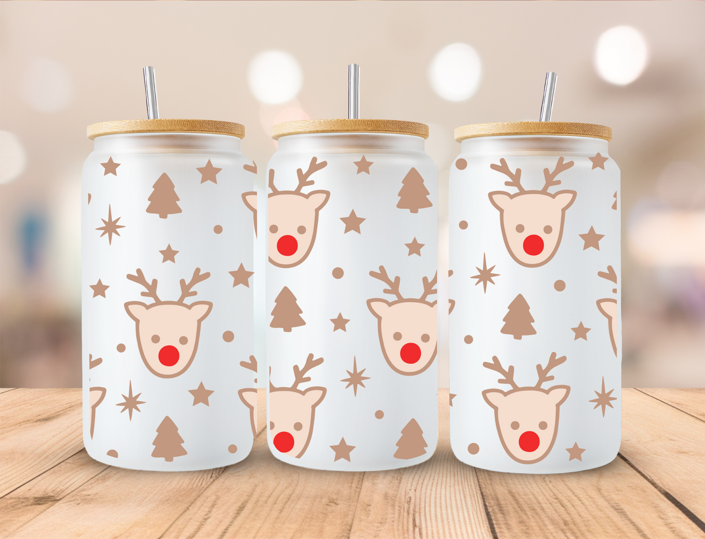 Christmas Reindeer and Trees - 16oz Libby UV DTF Wrap RTS