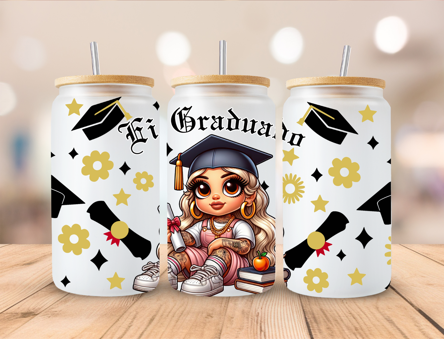 El Graduado Blonde Chicano Graduate Graduation Wrap - 16 oz / 20 oz Libby UV DTF Wrap