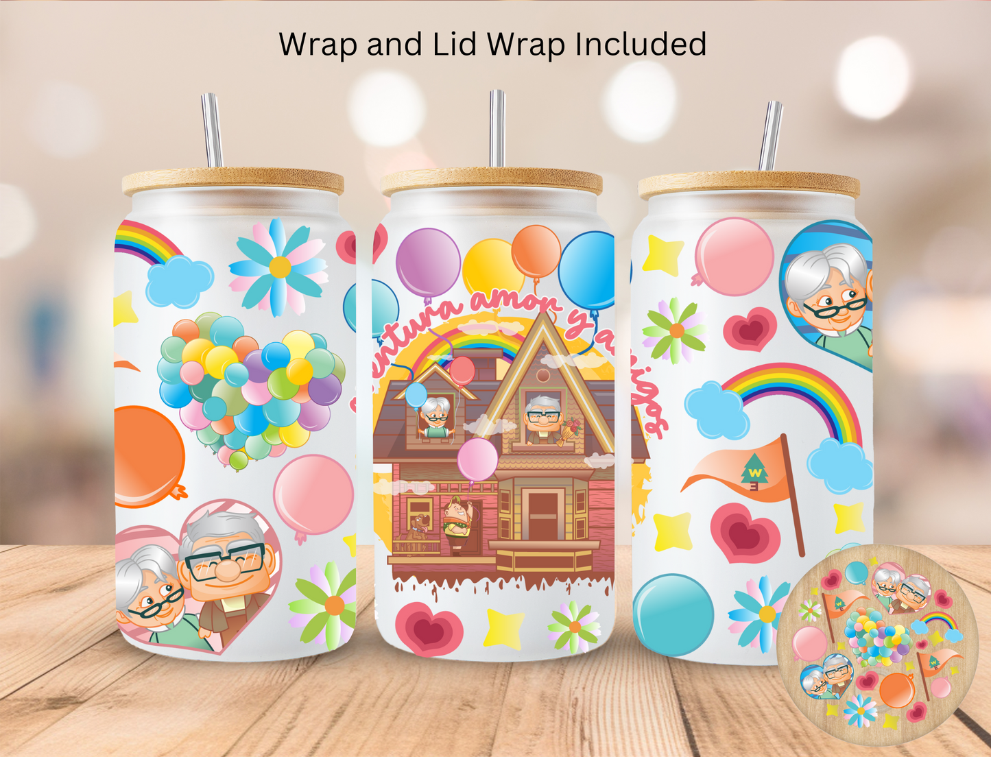 Balloon House Amor Y Amigos - 16 oz / 20 oz Libby UV DTF Wrap and Lid Combo Bundle