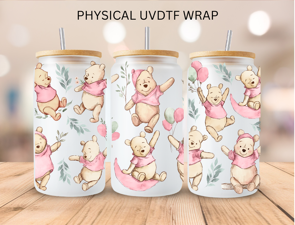 Watercolor Bear And Pink Balloons - 16 oz / 20 oz Libby UV DTF