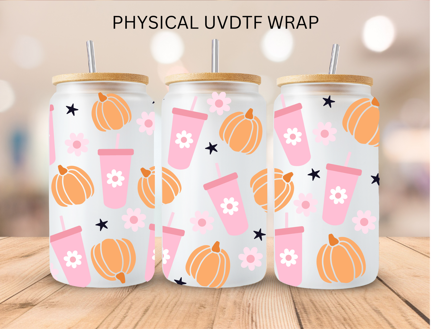 Fall Pumpkins And Pink drinks - 16 oz / 20 oz Libby UV DTF Wrap