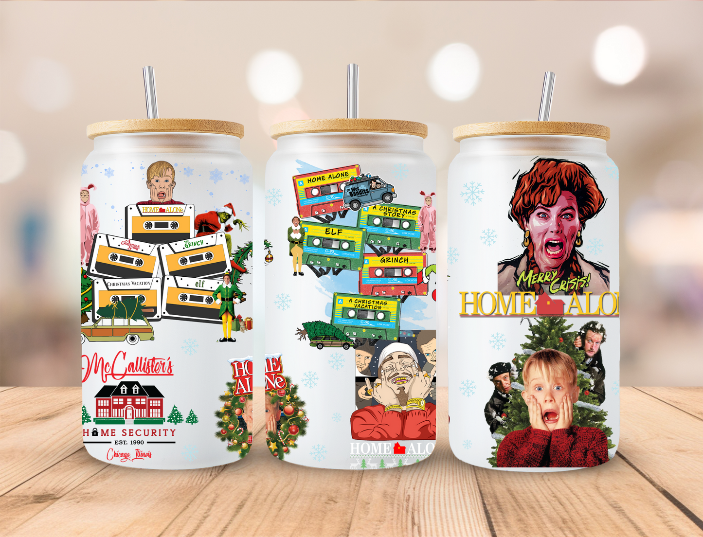 Christmas Kid Movie Casette Tapes Home Alone - 16 oz / 20 oz Libby UV DTF Wrap