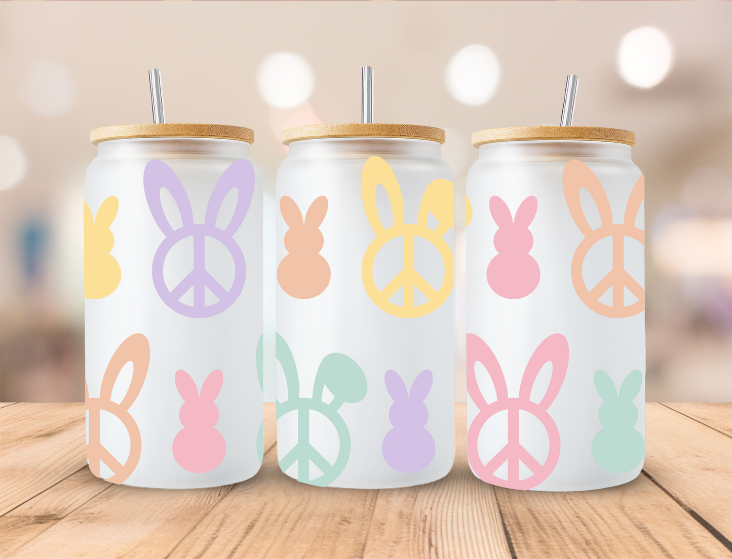 Easter Retro Pastel Peace Shape Bunny Head - 16 oz / 20 oz Libby UV DTF Wrap