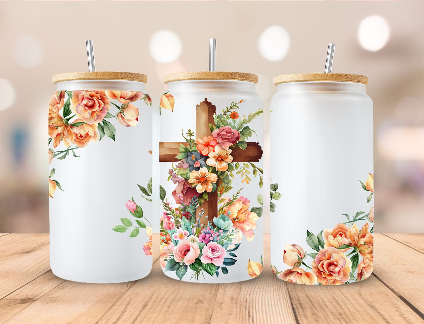 Christian Floral Cross - 16 oz / 20 oz Libby UV DTF Wrap