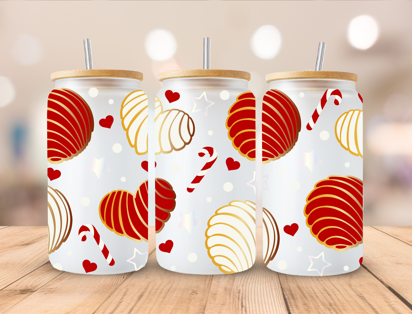 Christmas Red Concha and Candy Canes - 16oz Libby UV DTF Wrap RTS