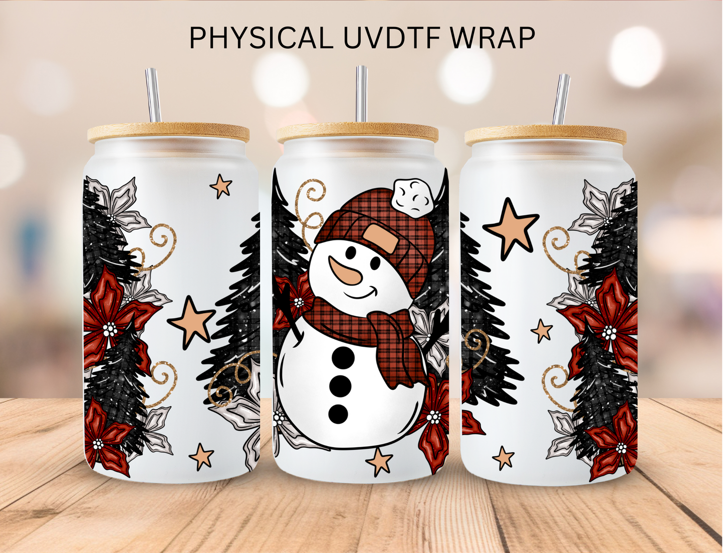 Christmas Snowman Trees and Poinsettia - 16 oz / 20 oz Libby UV DTF Wrap