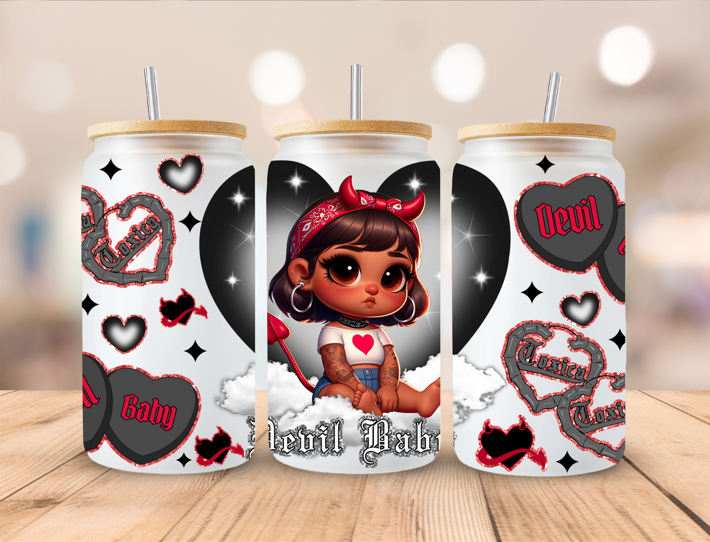 Devil Baby Black Hearts Baby Girl - 16 oz / 20 oz Libby UV DTF Wrap