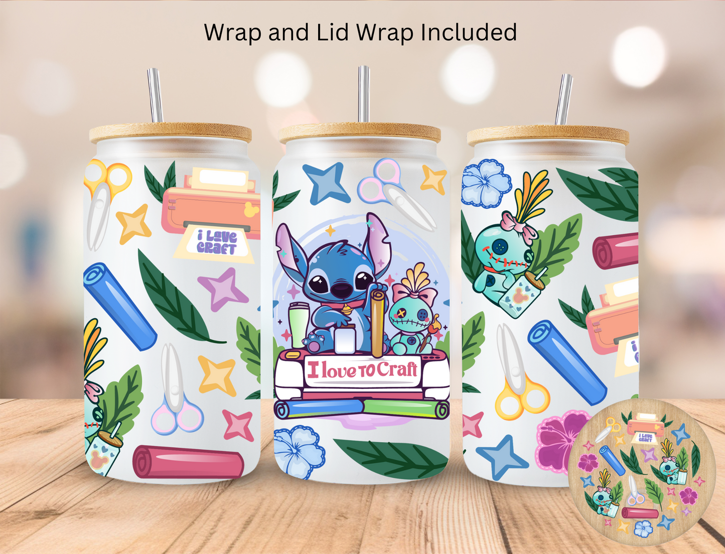 Blue Alien I Love To Craft - 16 oz / 20 oz Libby UV DTF Wrap and Lid Combo Bundle