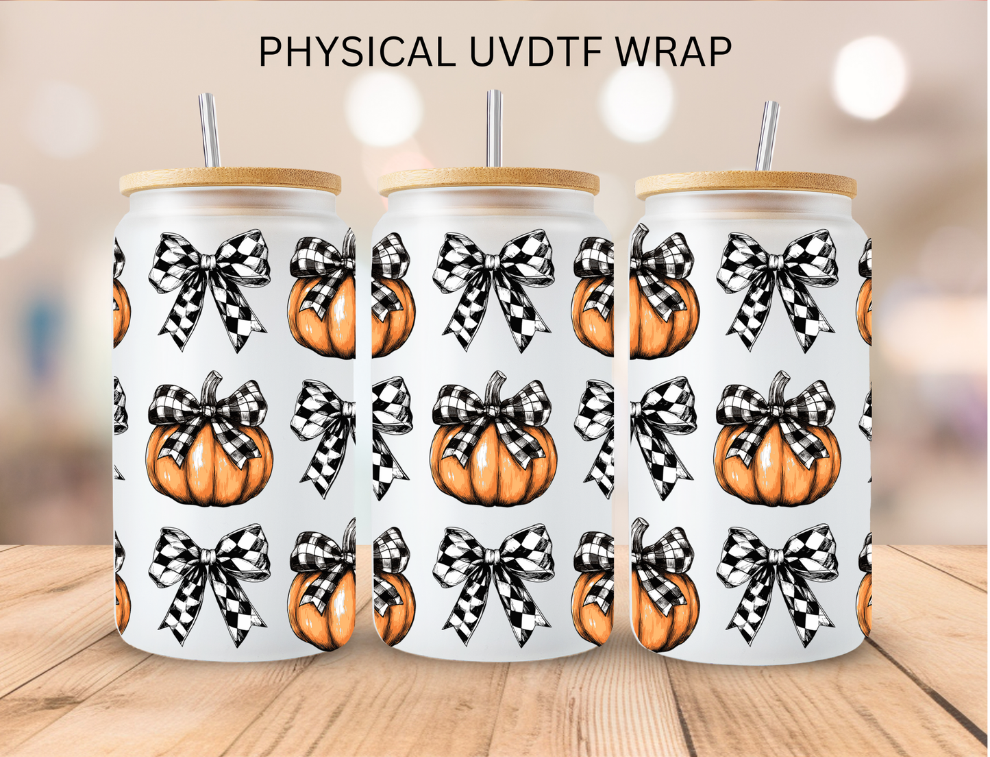 Fall Pumpkin Checkered Bows - 16 oz / 20 oz Libby UV DTF Wrap