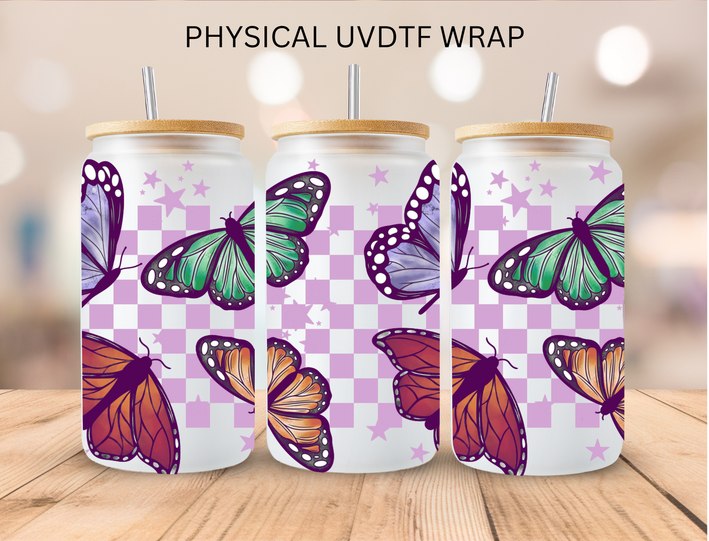 Checkered Butterflies - 16 oz / 20 oz Libby UV DTF Wrap