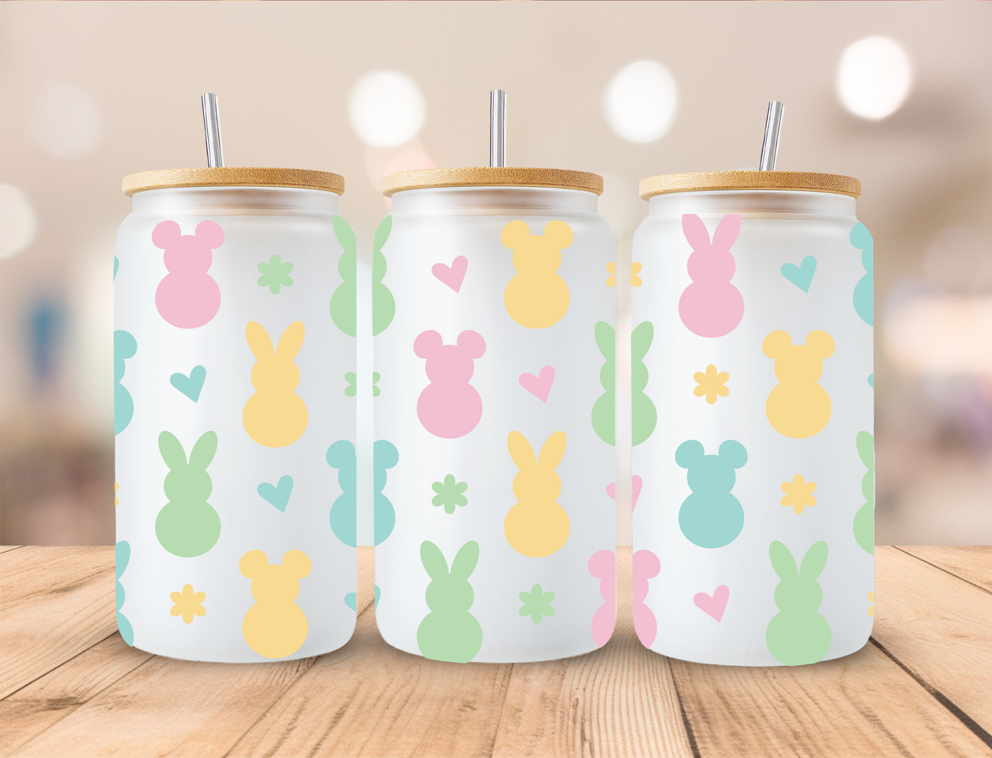 Easter Retro Pastel Heart Bunnies - 16 oz / 20 oz Libby UV DTF Wrap