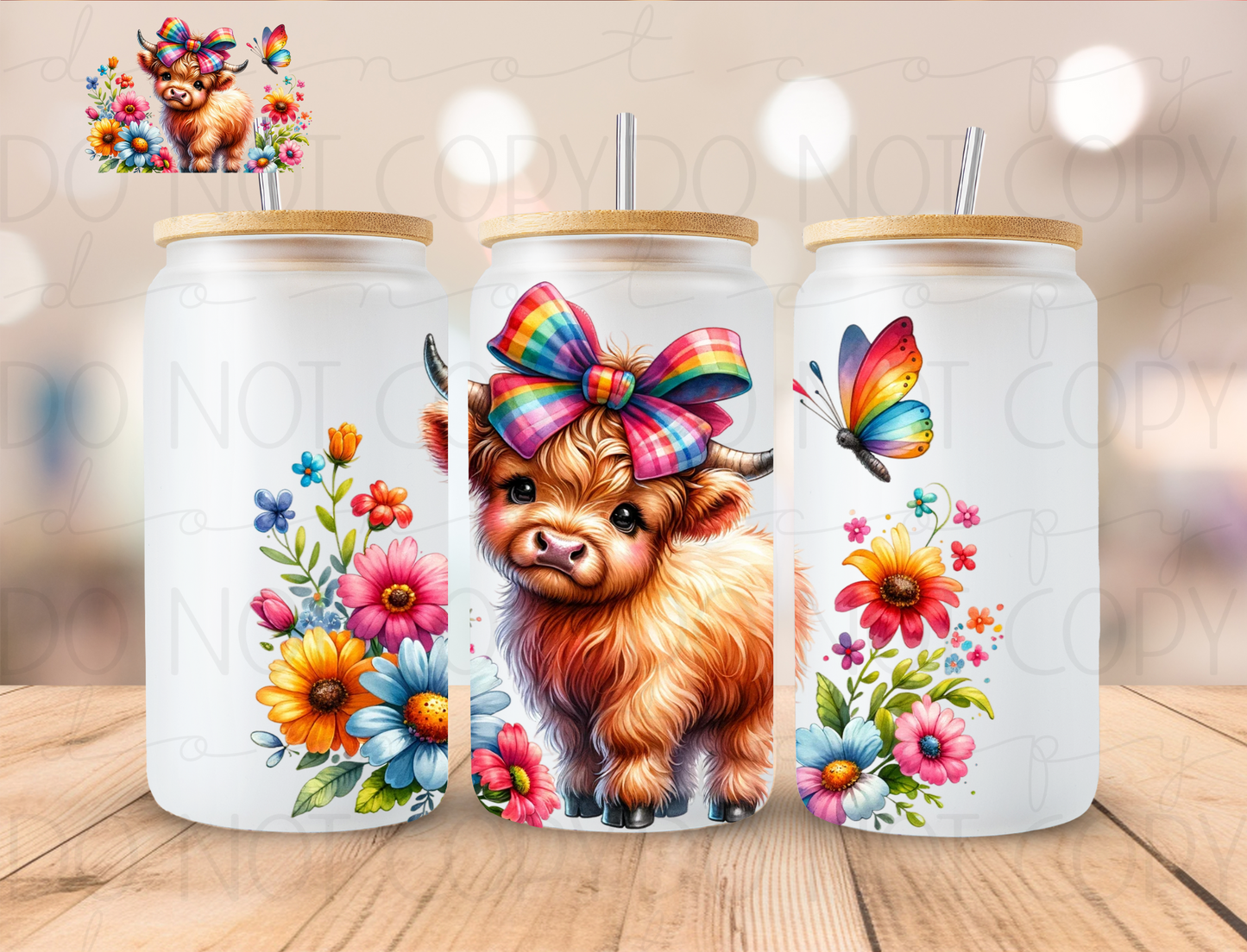 Colorful Baby Highland Cow - 16 oz / 20 oz Libby UV DTF Wrap