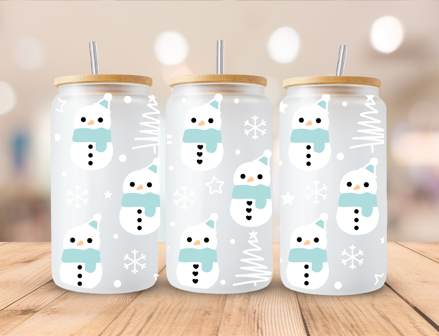 Christmas Blue Snowman - 16oz Libby UV DTF Wrap RTS