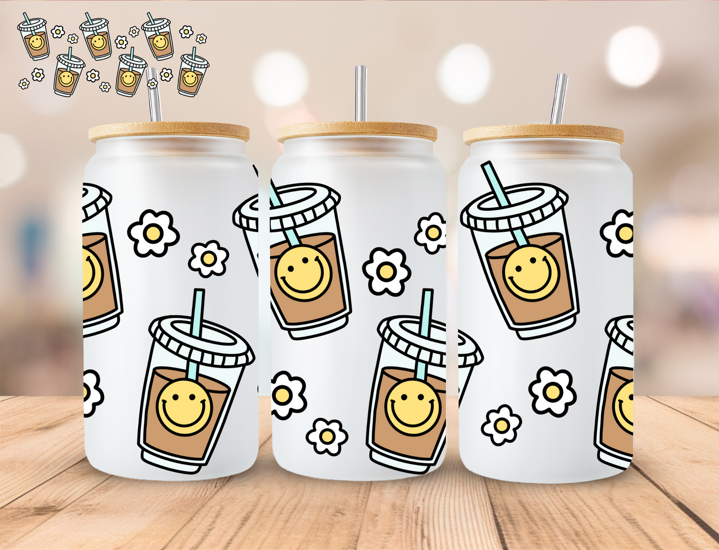 Smiley Coffee - 16 oz / 20 oz Libby UV DTF Wrap