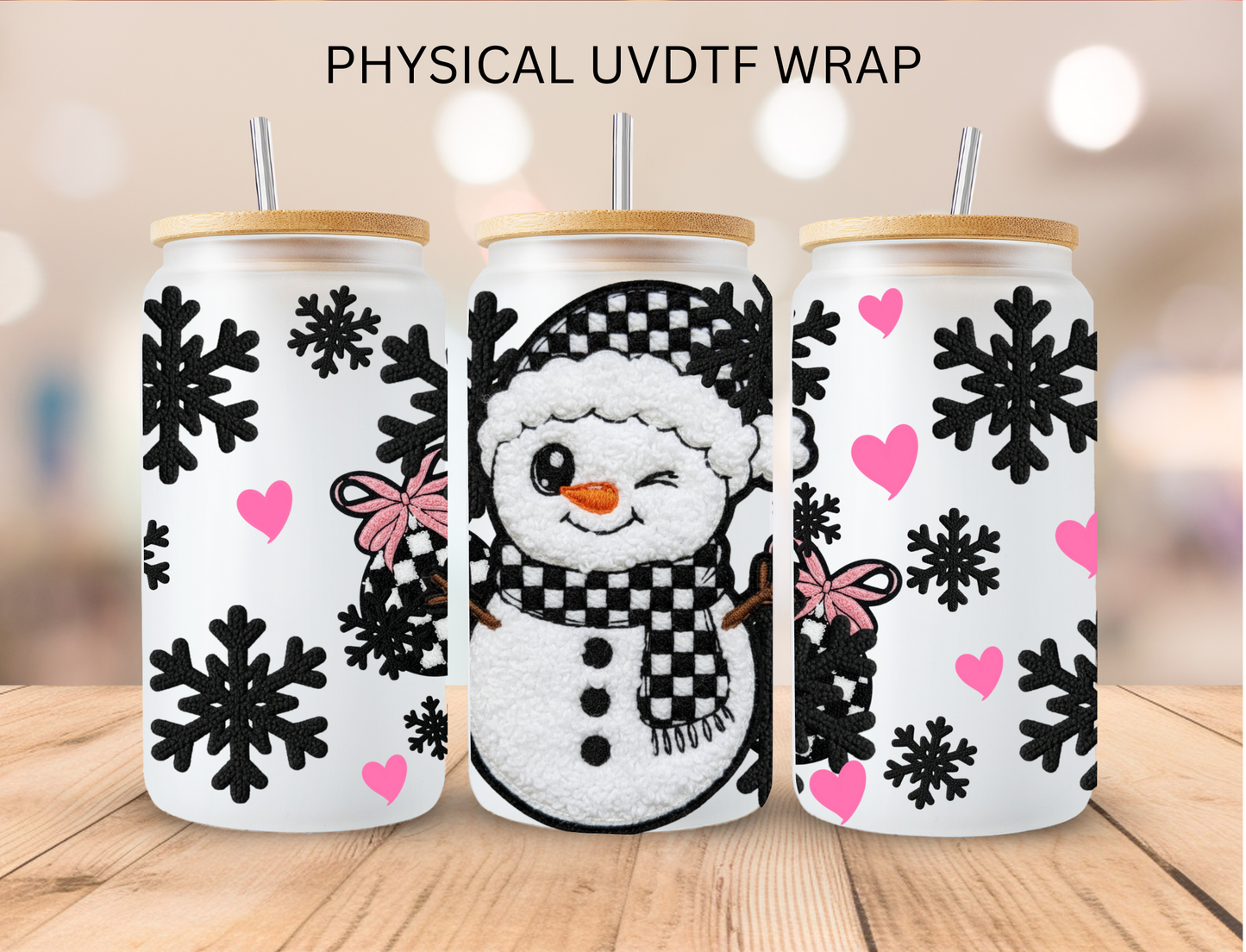 Christmas Black And White Checkered Snowman - 16 oz / 20 oz Libby UV DTF Wrap