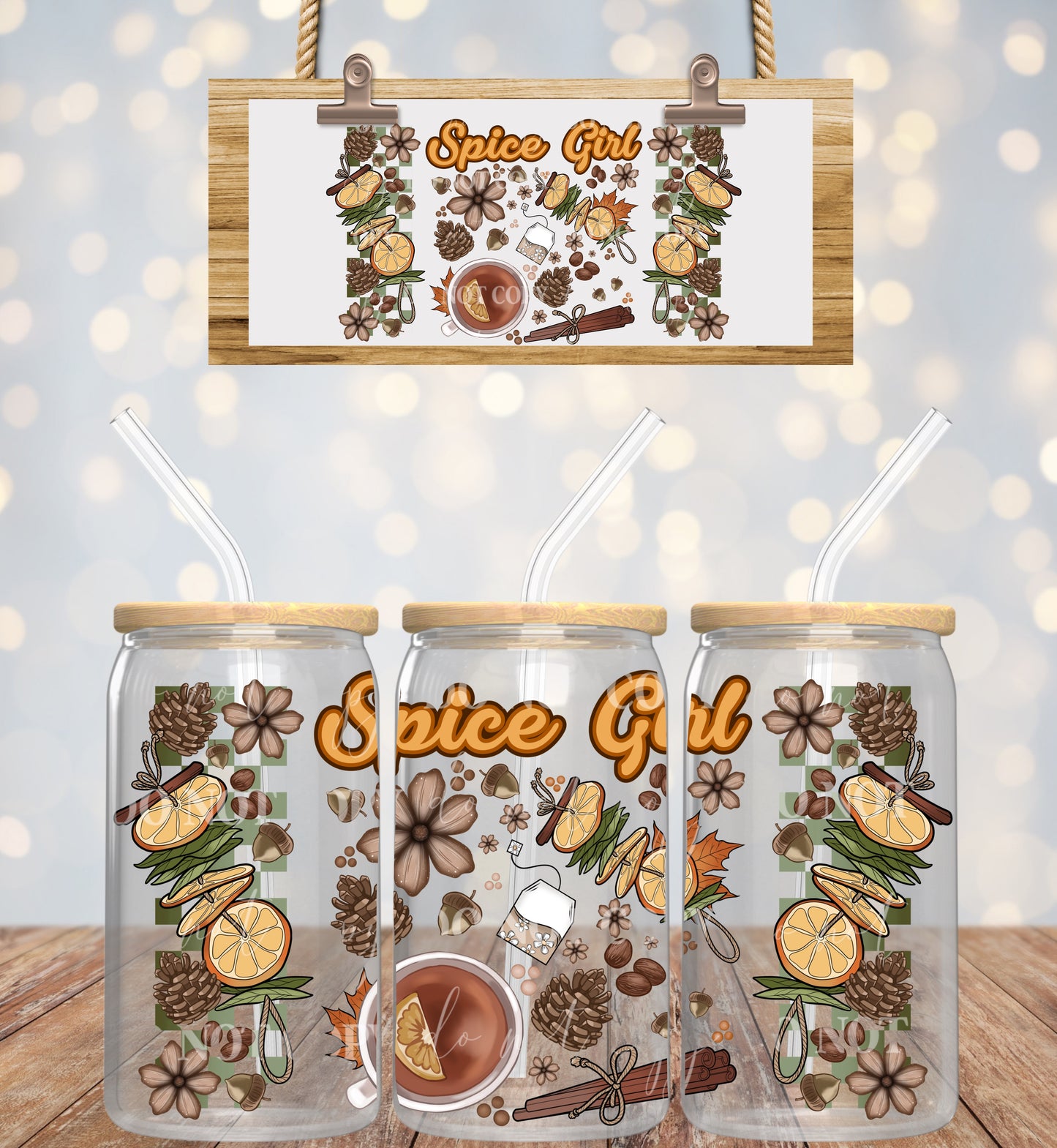 Spice Girl Green Checkered Backing - 16 oz / 20 oz Libby UV DTF Wrap